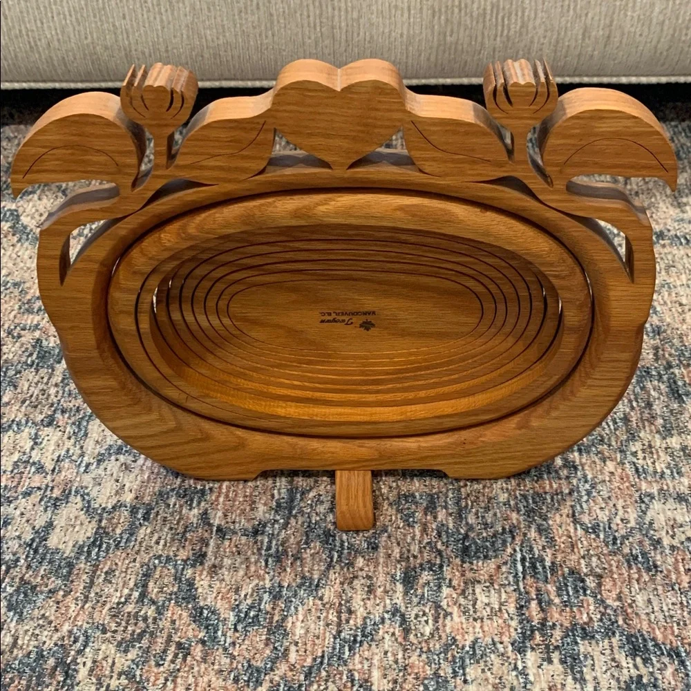 Vintage Hand carved Wooden Folding Basket with Floral Design